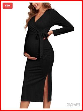 Rib Knit Maternity Nursing Dress Knot Side Long Sleeve V Neck